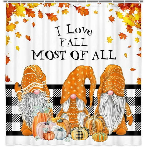 Farmhouse Fall Shower Curtain, Autumn Cute Gnome on Pumpkin Bathroom Shower Curtain, Thanksgiving Maple Leaves with Orange Elf on Black and White Buffalo Check Plaid Cloth Shower Curtain Set, 69X70in
