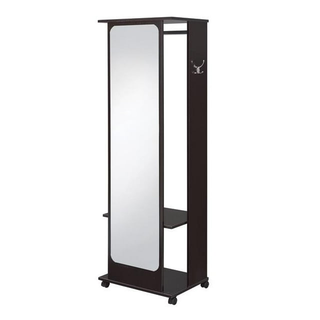 Benjara BM211137 Mirror & Wood Hall Tree with Hanging Rod & Casters - Brown & Silver