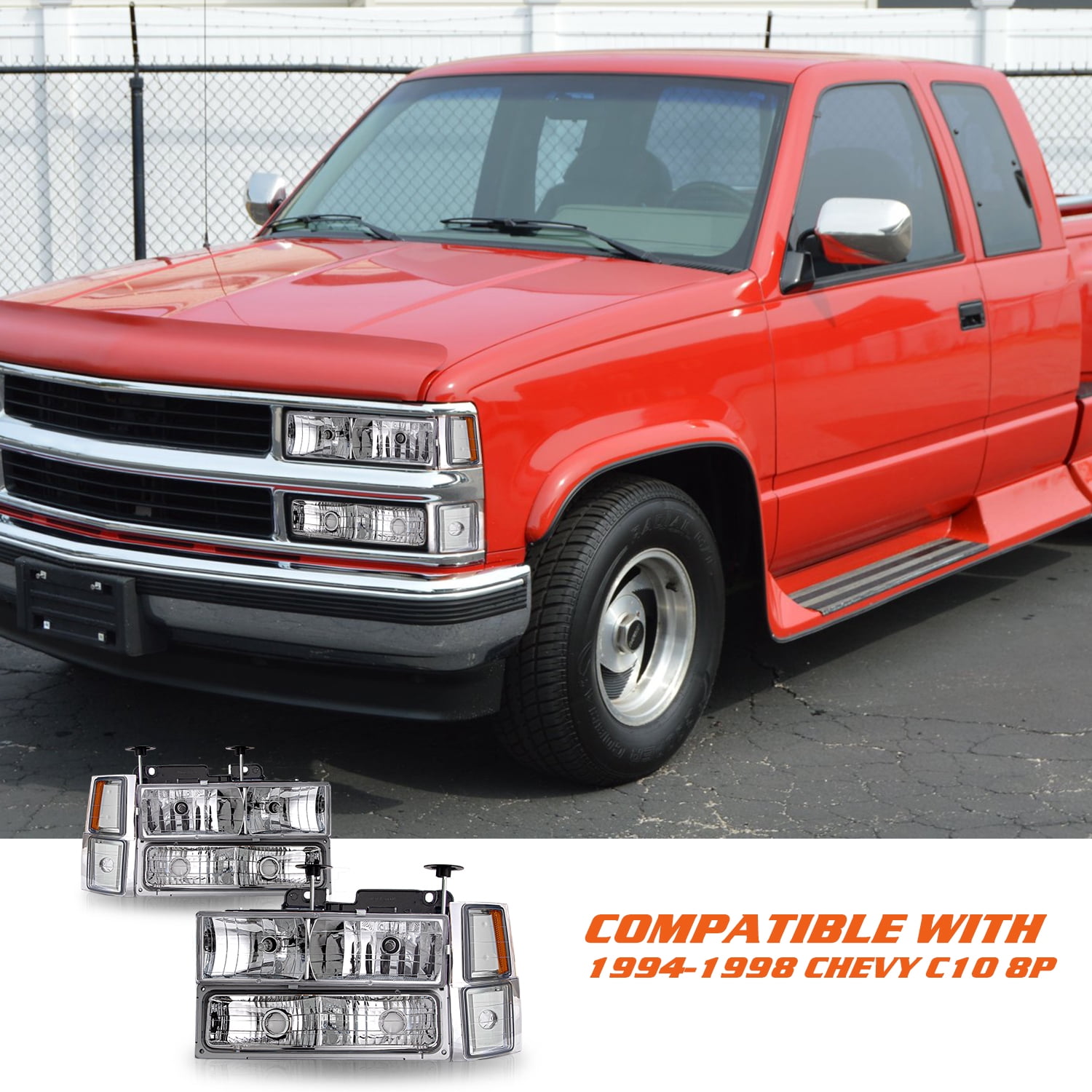 For 1994-1998 Chevy C/K Tahoe Chrome Amber Bumper Lamps Headlights 94-98 8pcs