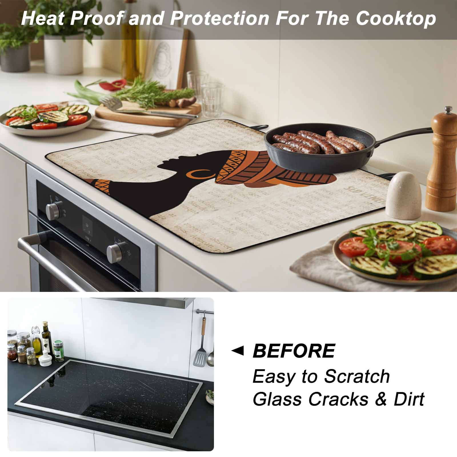 Africa Black Women Stove Top Cover for Electric Stove, Heat-proof & Non Slip Glass Top Stove Cover Protector, African Native Ethnic Vintage Kitchen Flat Cooktop Rubber Mat 24x21 Inches