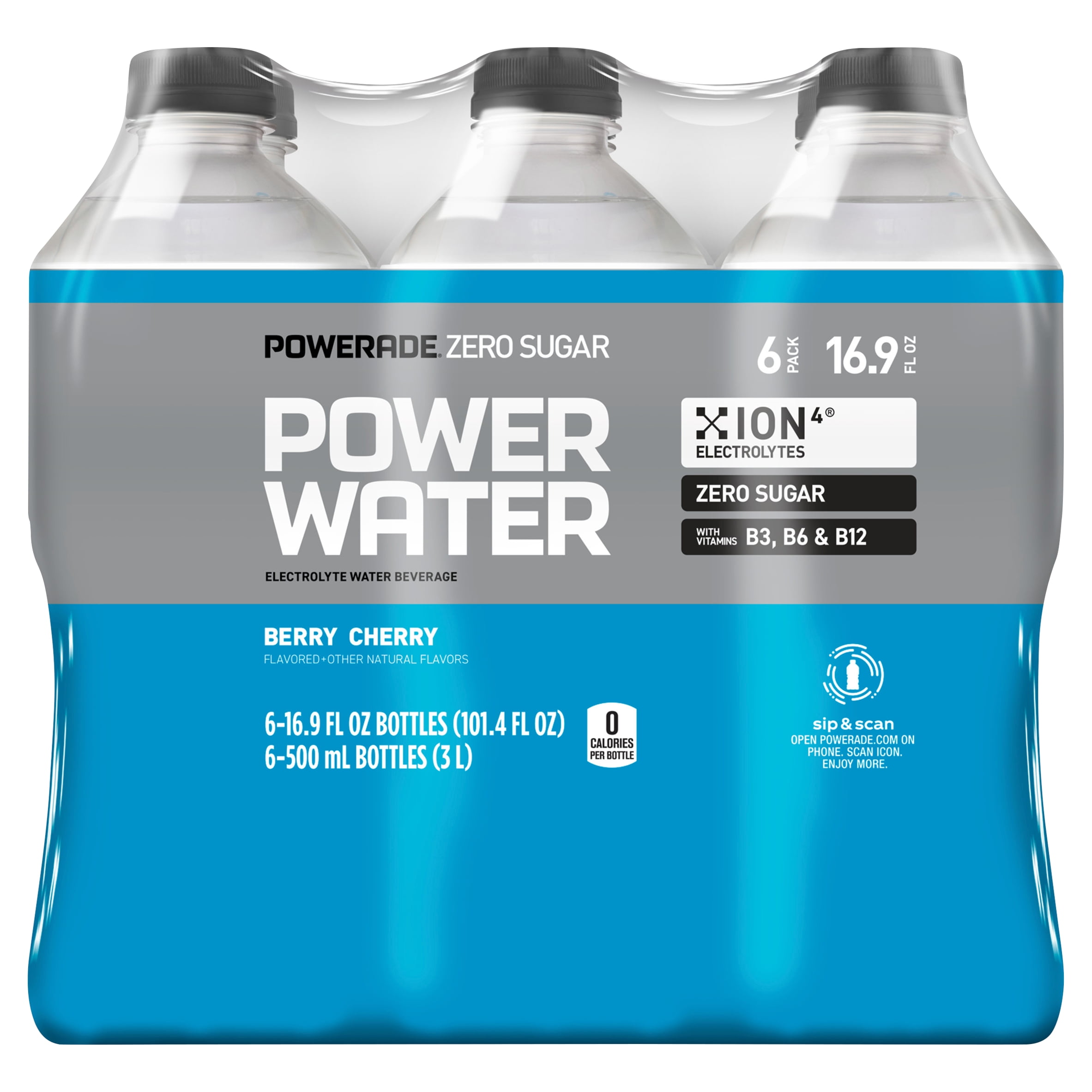 POWERADE Zero Sugar Power Water Berry Cherry Bottles, 16.9 fl oz, 6