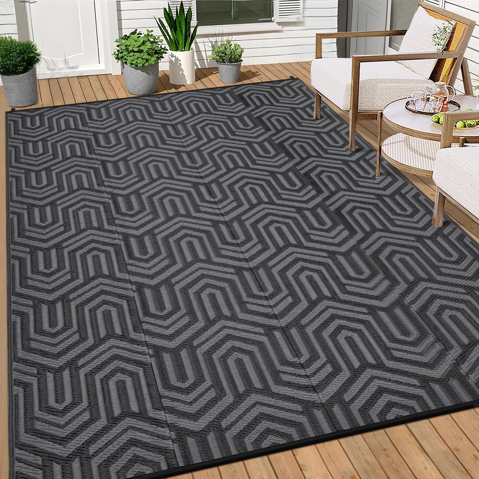 Garvee Waterproof Outdoor Rug 8x10ft Reversible Patio Rug, Plastic Straw Rug RV Camping Rug for Deck Balcony Porch Picnic Backyard, Black Gray