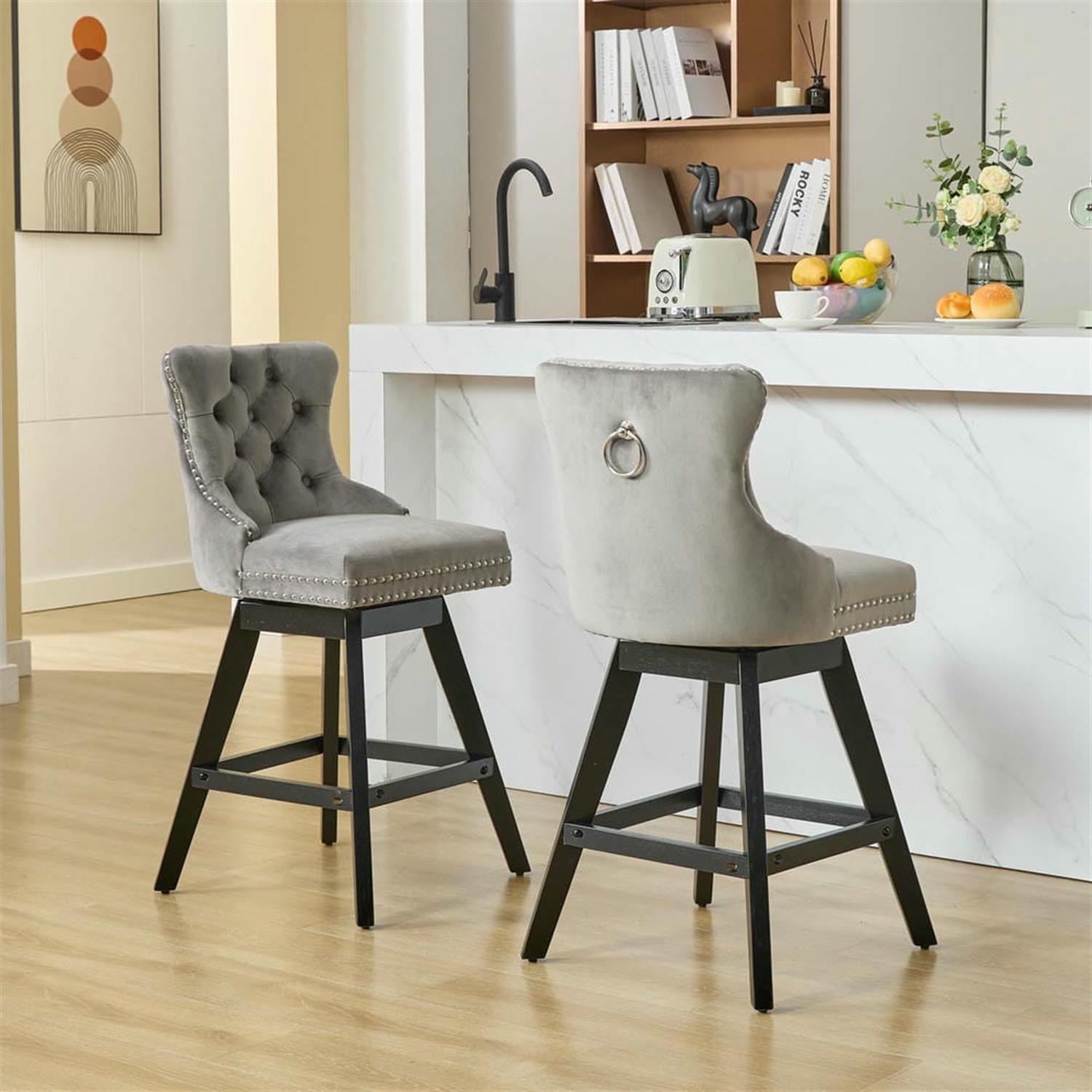 Demi Bonn 38" Counter Height Bar Stools Set of 2, Velvet Swivel Barstools with Button Tufted Back, Kitchen Island Countertop Chairs for Dining Room, Gray