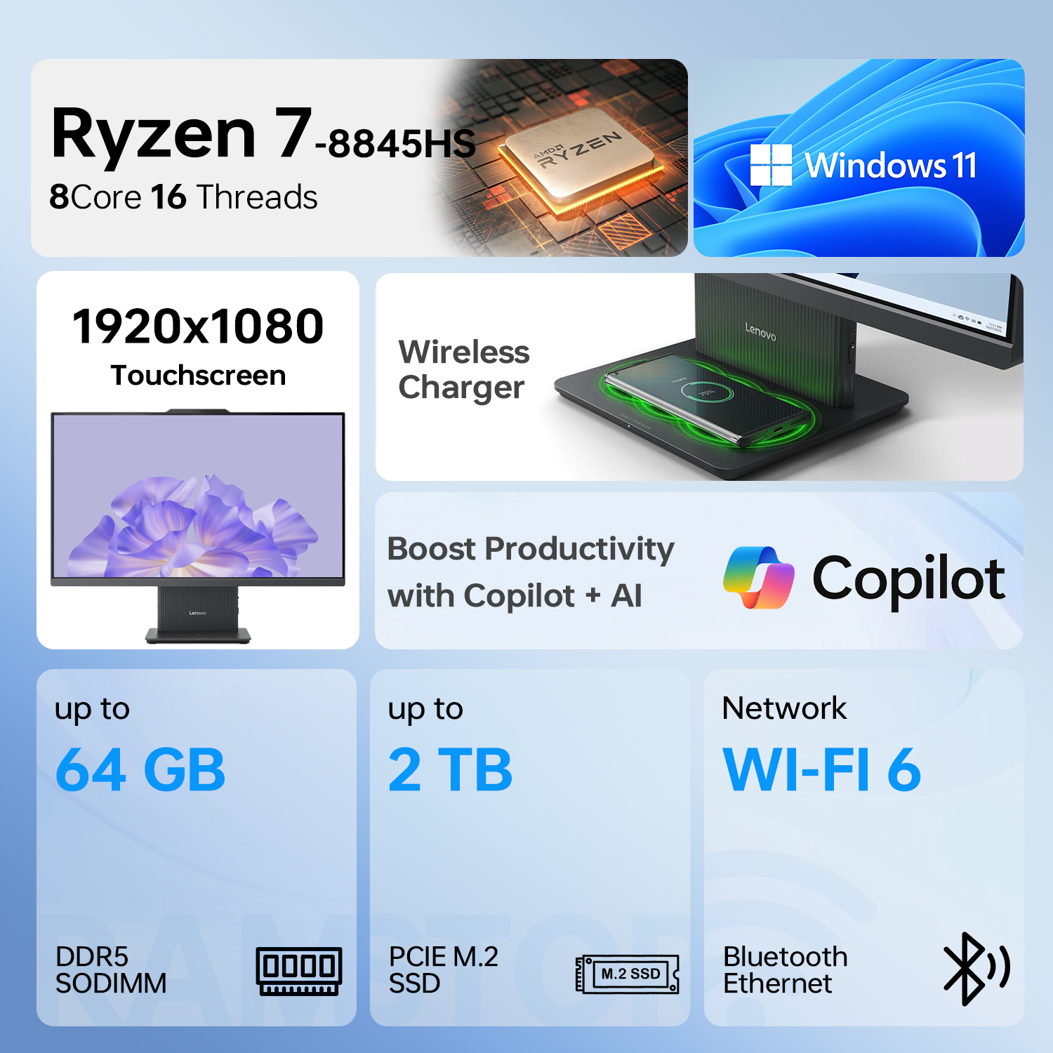 Lenovo IdeaCentre Business Computer All-in-One PC, 27" FHD 100Hz Display, AMD Ryzen 7 8845HS, 32GB DDR5, 1TB SSD, Wi-Fi 6, Windows 11 Home with AI & Microsoft Copilot, Wireless KB & M, Grey