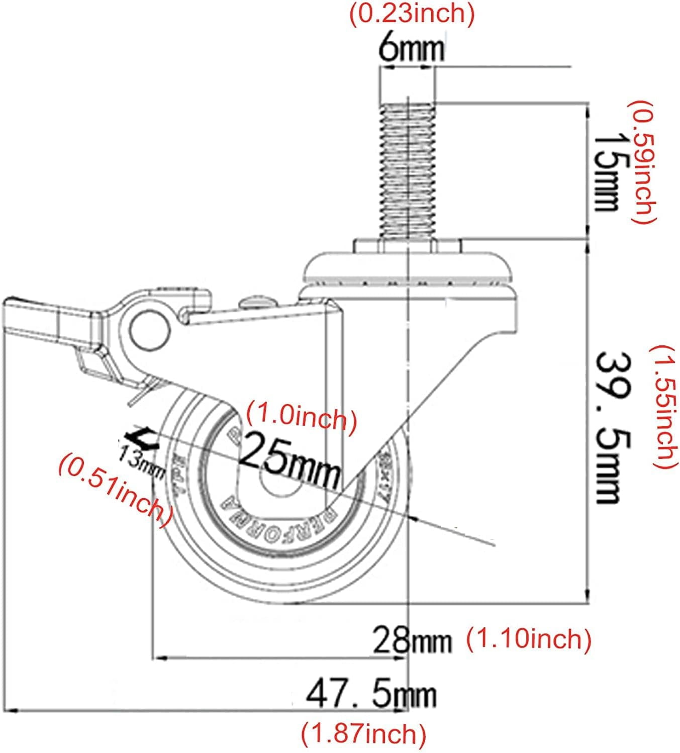 Gamvdout Furniture Casters with Brake 360 Degree Rotating Threaded Stem Caster Wheel M6 x 15mm for Office Chair Screws Mute I