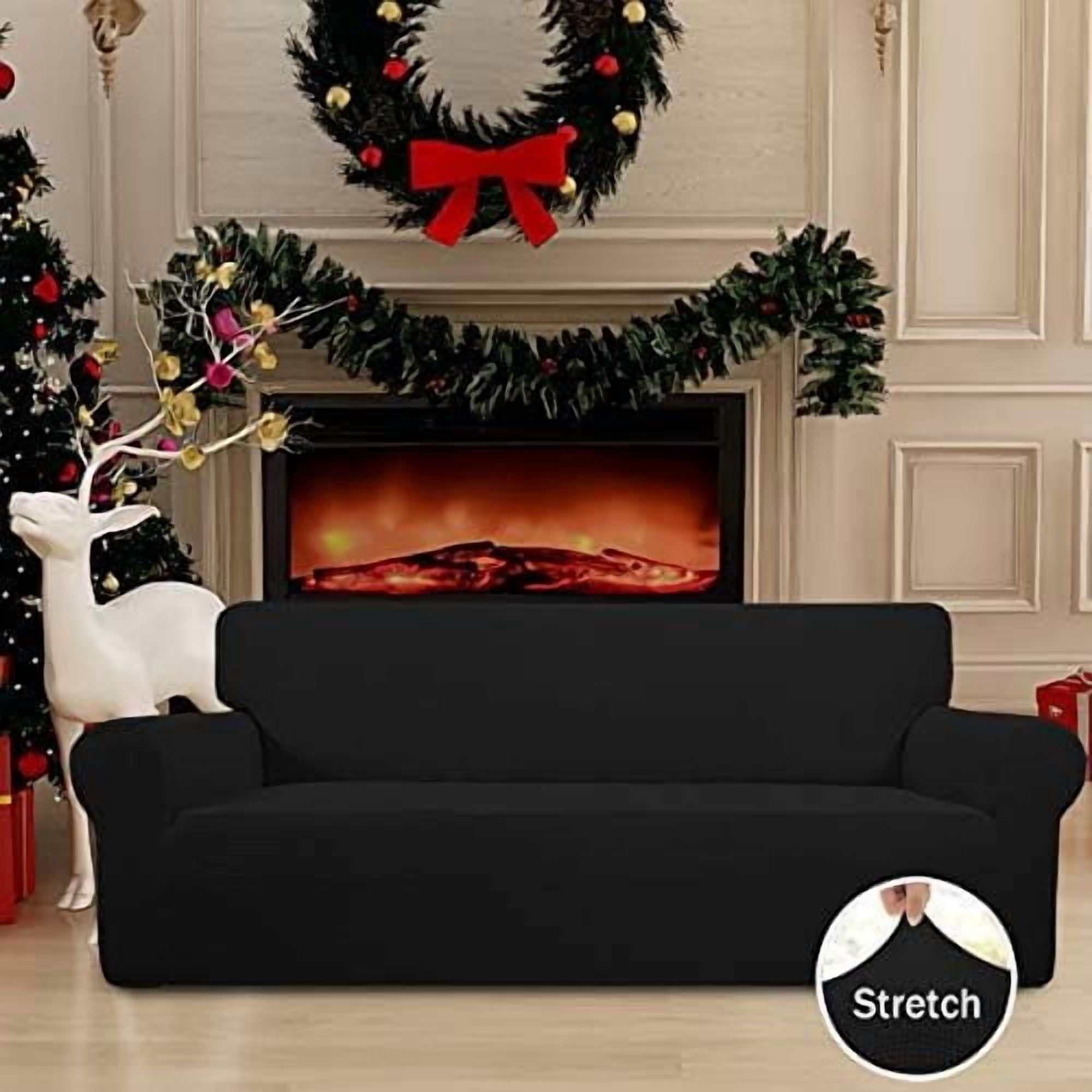 Stretch Oversized Sofa Slipcover 1-Piece Sofa Cover Furniture Protector Couch Soft with Elastic Bottom for Kids, Polyester Spandex Jacquard Fabric Small Checks Black