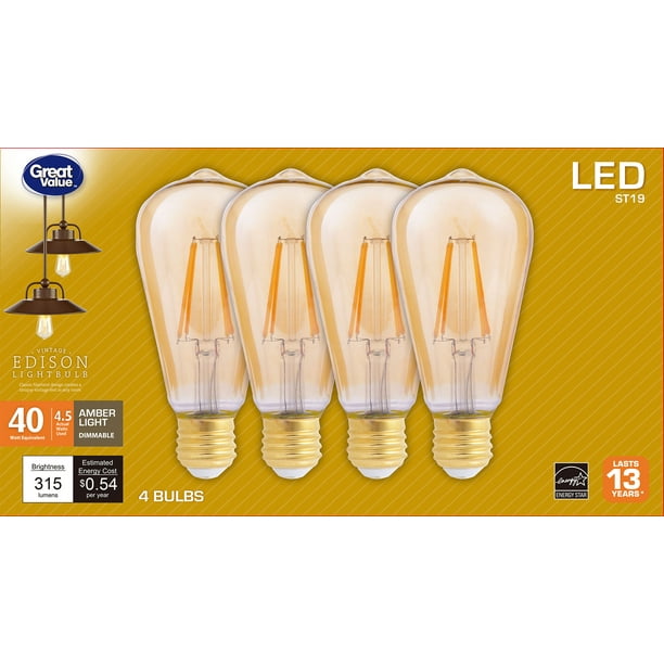 Vooruitgang grootmoeder oorsprong Great Value LED 4.5 Watt Deco Amber Light Medium Base Light Bulbs, ST19,  4-Count - Walmart.com