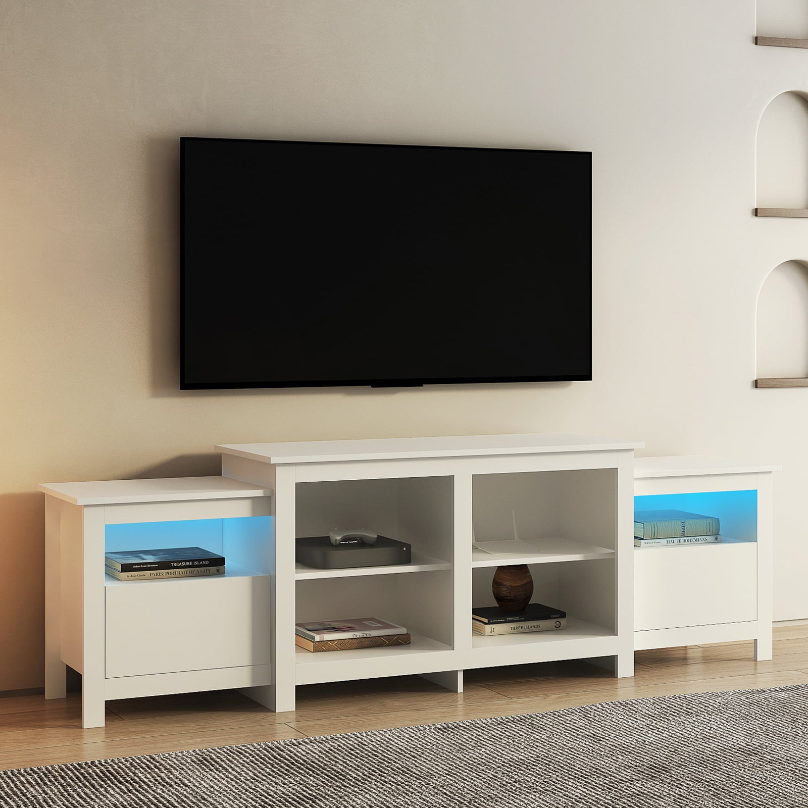 YISUYA White Modern TV Stand for 75 inch TV, 16 Colors LED TV Stand w/Remote Control Lights, TV