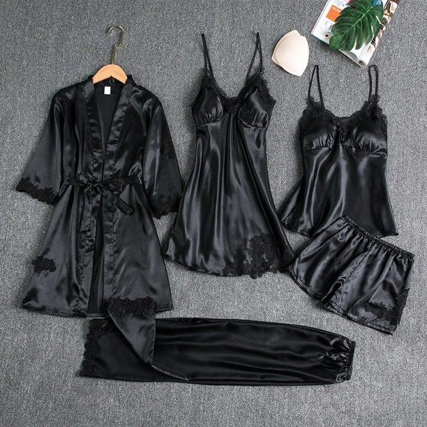 Conjunto de ropa de casa fina de manga larga de seda helada para mujer, ropa de dormir Sexy con cuello en V, bata de baño de talla grande incluida, conjunto de cinco piezas