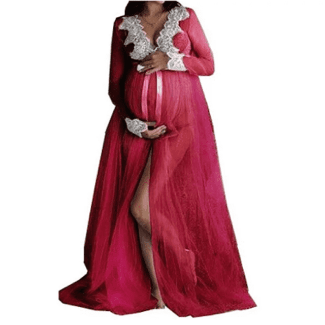 Femmes Robe de Maternité à Manches Courtes Dentelle V-Cou à Manches Longues en Mesh Robe Transparente