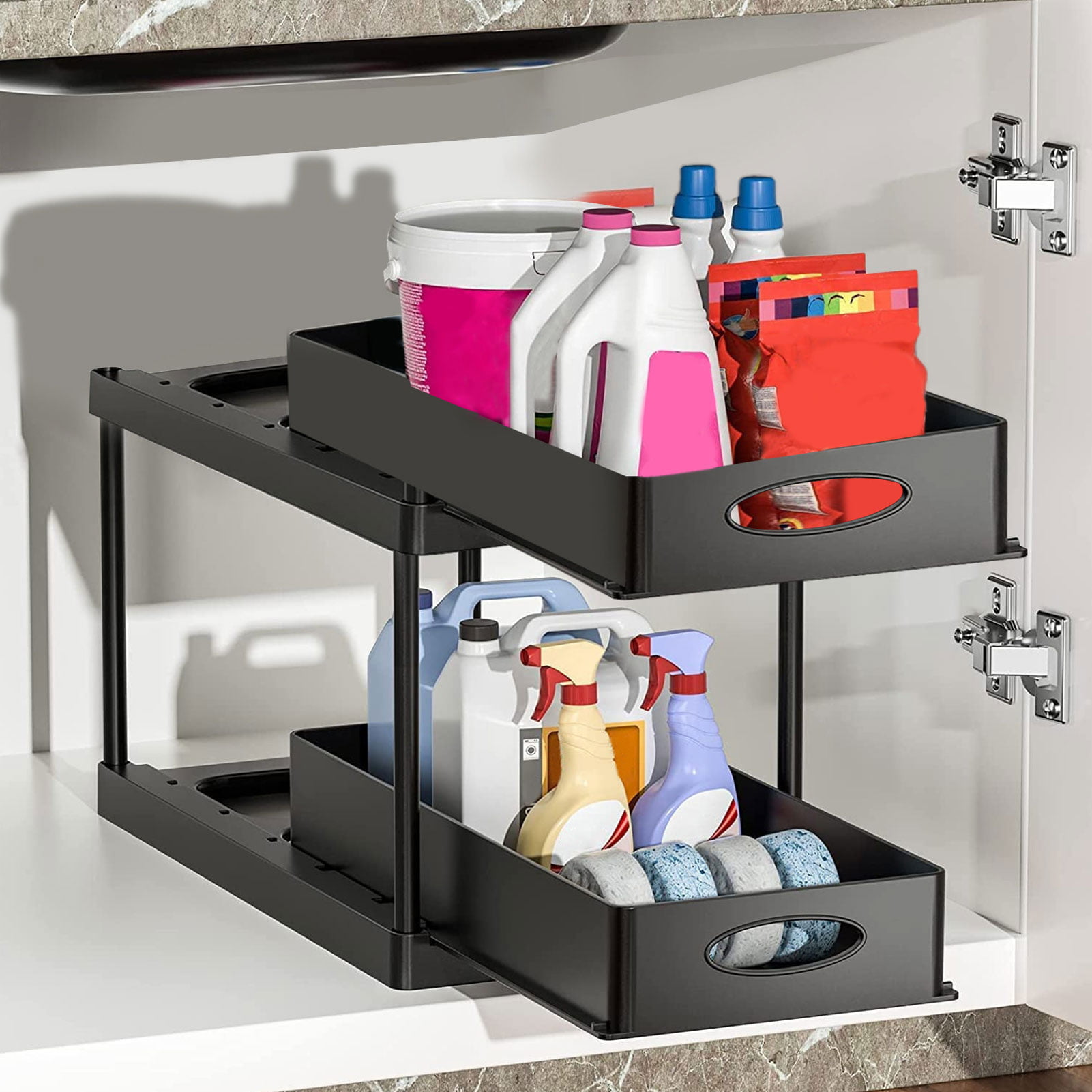 Bathroom Pull Out Spice Rack Grey Wall Mount Organizer Shelf for Cabinet Slide Out Plastic Storage Drawers Countertop 2 pcs Under Sink Organizers Jars Sliding Basket for Kitchen 