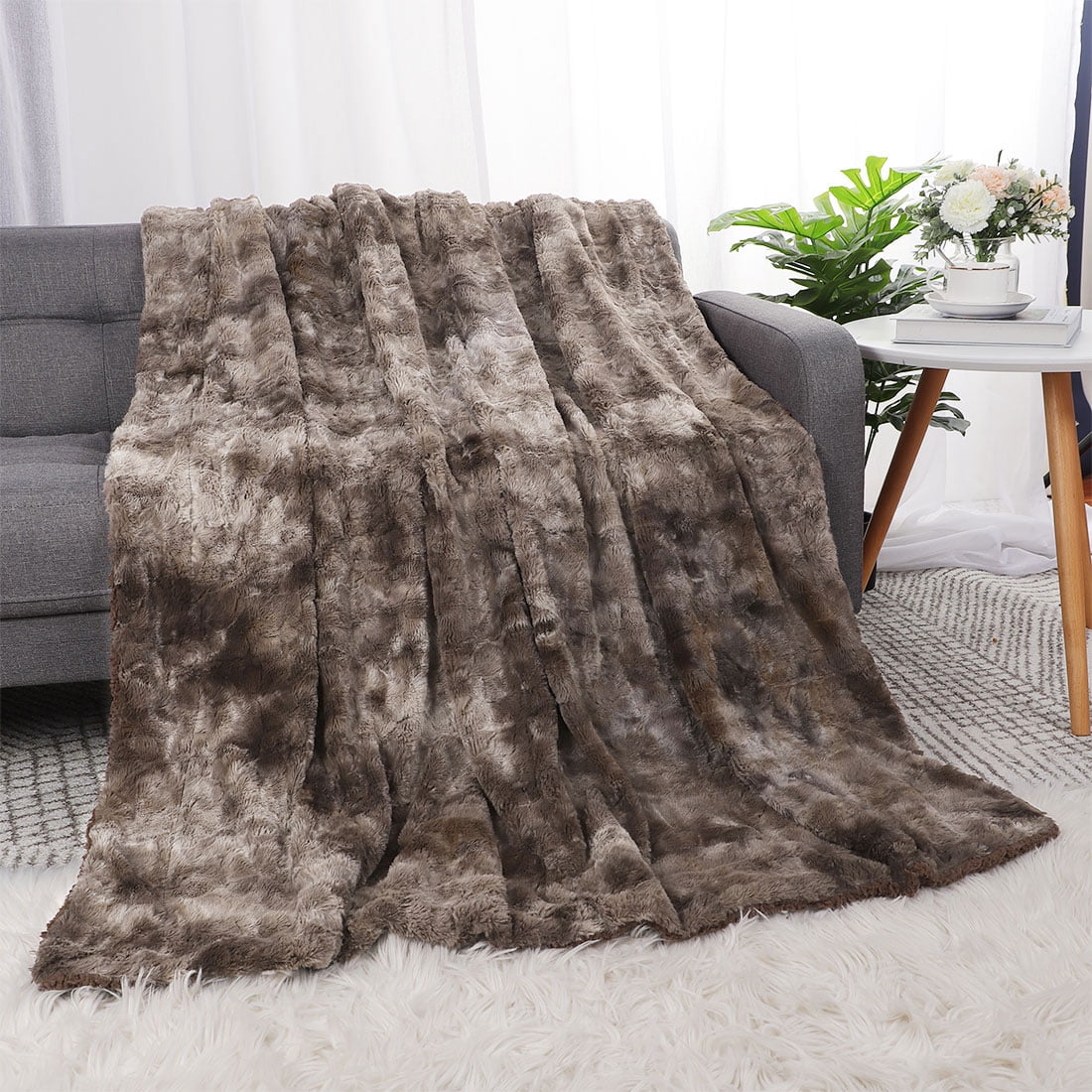 Unique Bargains Faux Fur Shaggy Sherpa Throw Blanket, 60" x 77", Brown
