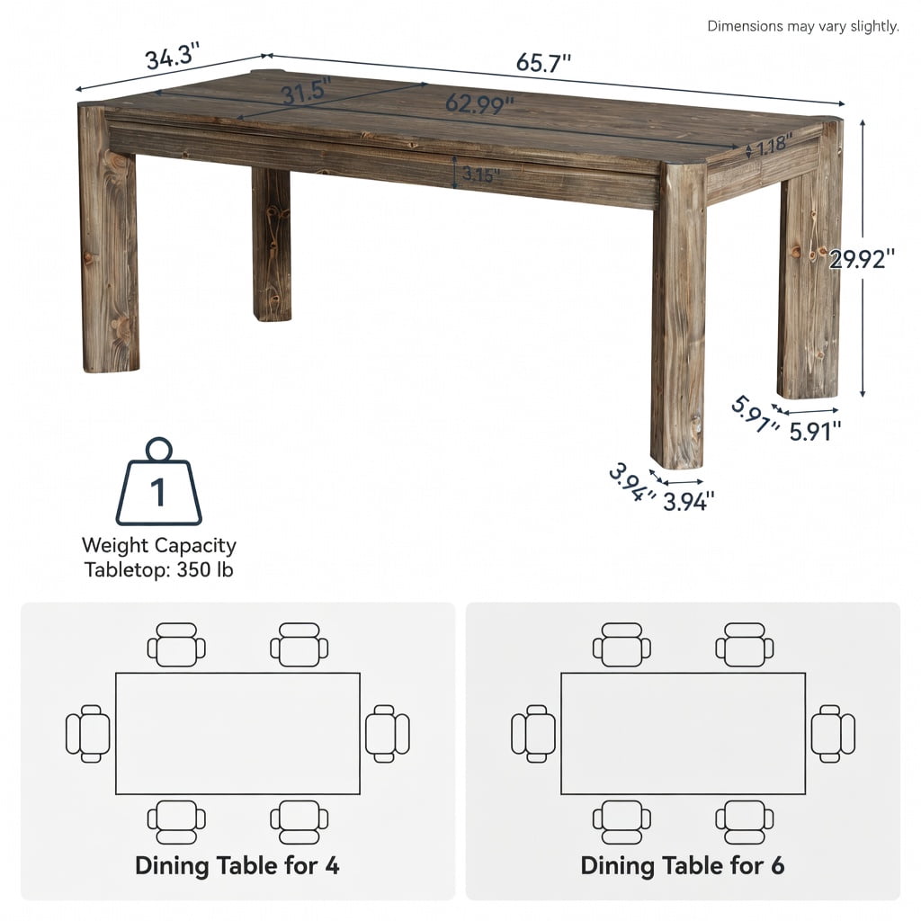 Hommoo 63 Inch Solid Wood Farmhouse Dining Table for 6, Kitchen Table with Sturdy Heavy-Duty Legs, Scratch-Resistant Surface, Walnut