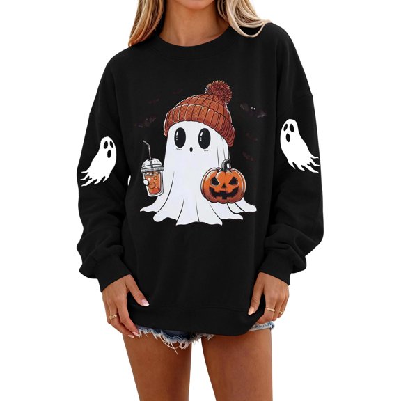Dweltoz Halloween Sweatshirts for Women Cute Ghost Pumpkin Graphic Spooky Season Sweaters Oversized Fall Fleece Long Sleeve Crewneck Pullover Tops,Black L