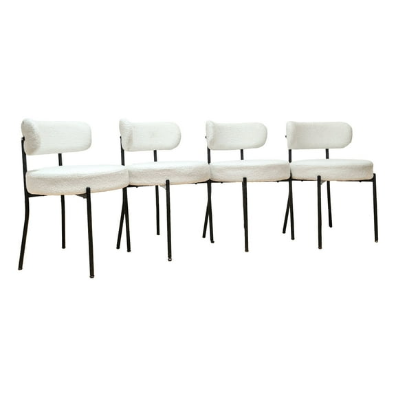 Dining Chairs White Dining Chair Set of 4, Mid-Century Modern Dining Chairs, Kitchen Dining Room Chairs, Curved Backrest Round Upholstered Boucle Dining Chair with Black Metal Legs,Wooden Dining Chai