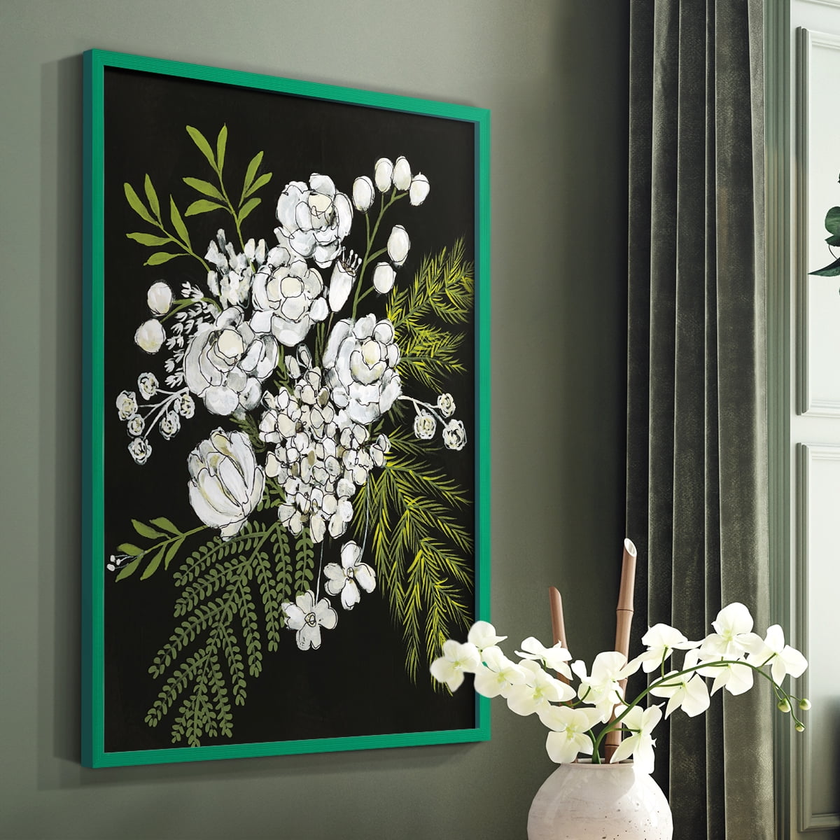 Alabaster Bouquet I Framed Print in Green Solid Wood Framed Print No Nail Hanging