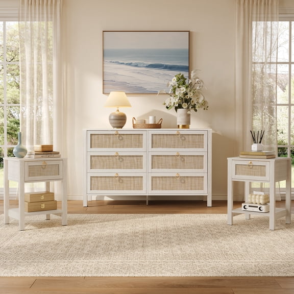 SICOTAS 3-Piece White Oak Bedroom Furniture Set, 6-Drawer Dresser & Nightstands Set of 2, Bohemian Rattan Design, Wide Storage Organizer for Bedroom, Living Room