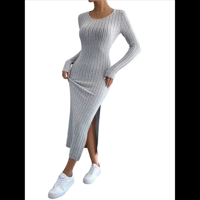 Vestidos Largos de Otoño para Mujer, de Larga, Informales, de Punto Acanalado, Ajustados, Elegantes, con Cuello Redondo y Abertura Lateral Gris XS