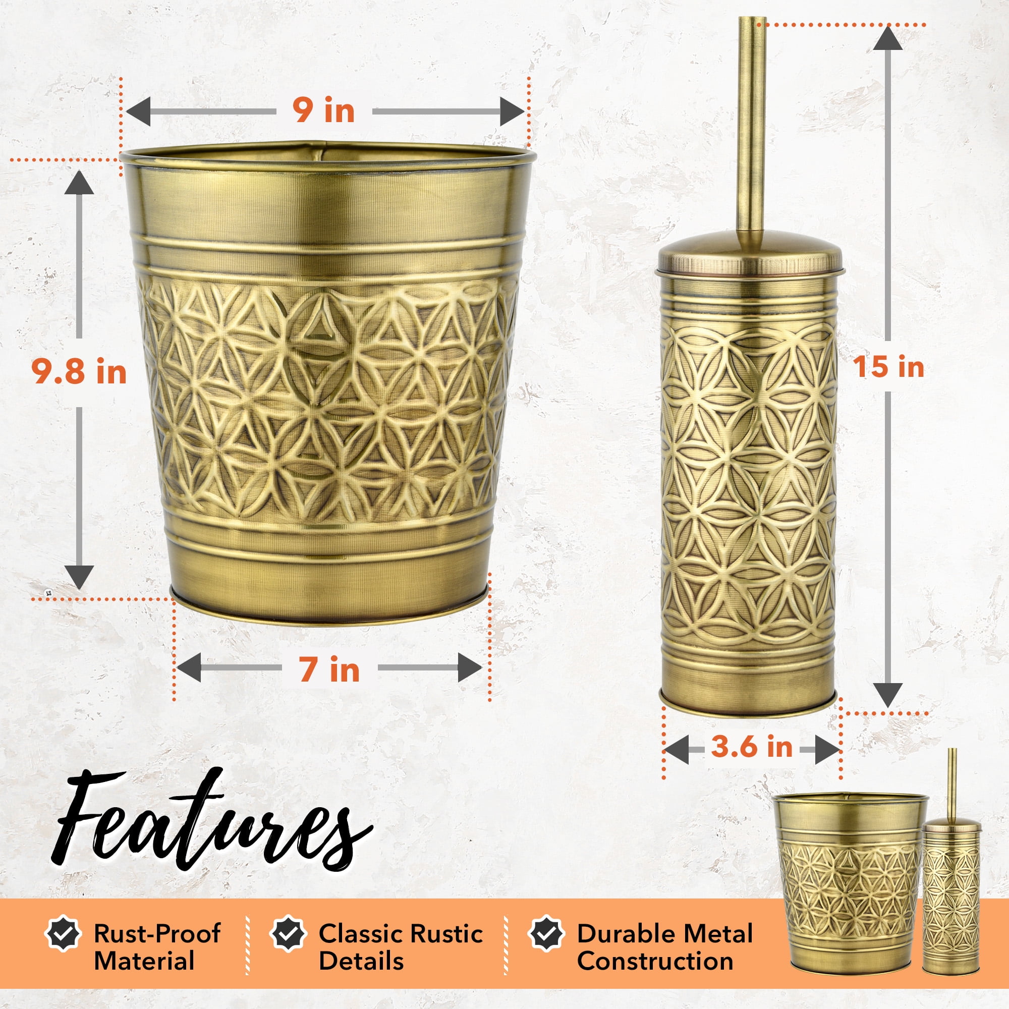 Autumn Alley Toilet Brush and Holder Set with Brushed Brass Bathroom Trash Can – Vintage Brass Bathroom Accessories Garbage Can Set for Rustic and Modern Bathroom Décor