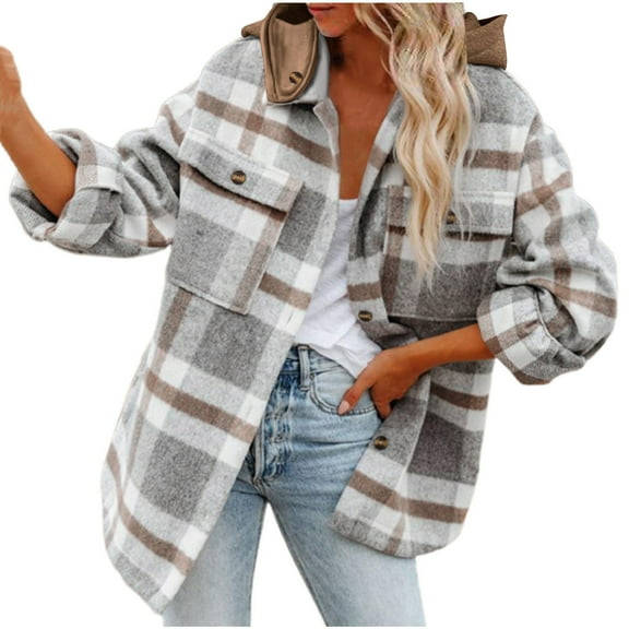 IROINNID Shacket for Women Winter Casual Plaid Hooded Woolen Shirt Long-Sleeve Fall Warm Tops,Gray