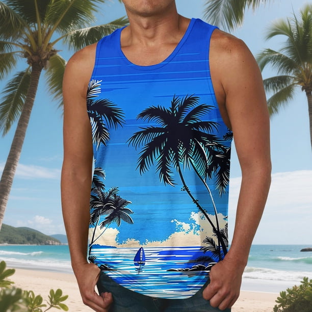 Camiseta sin mangas de cuello redondo para hombre, blusa informal de verano sin mangas con estampado de cuello redondo para hombre