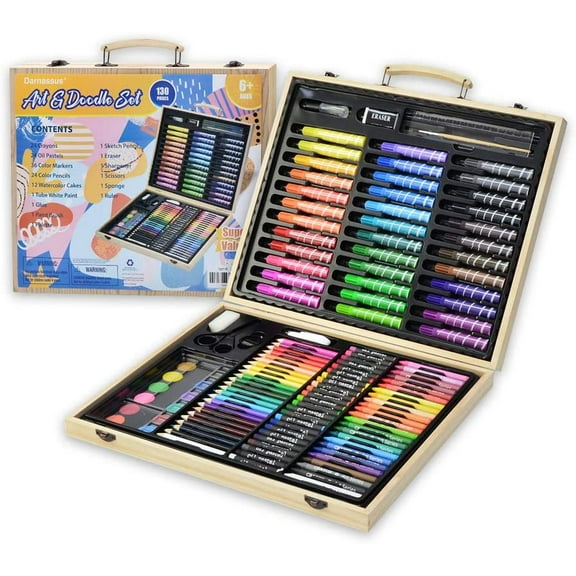 130-Piece Art Set, Deluxe Professional Color Set, with Compact Portable Wooden Case, Art Kit Gift For 4-12 Age