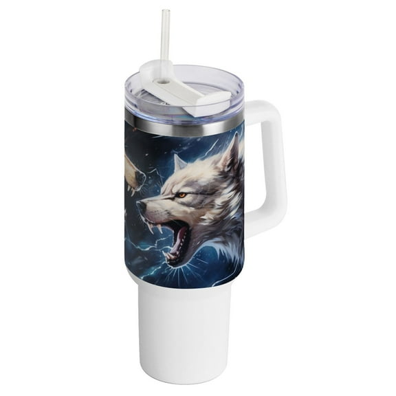 Two Wolf 40 oz Tumbler with Handle and Straw Insulated Travel Mug Reusable Stainless Steel Water Bottle