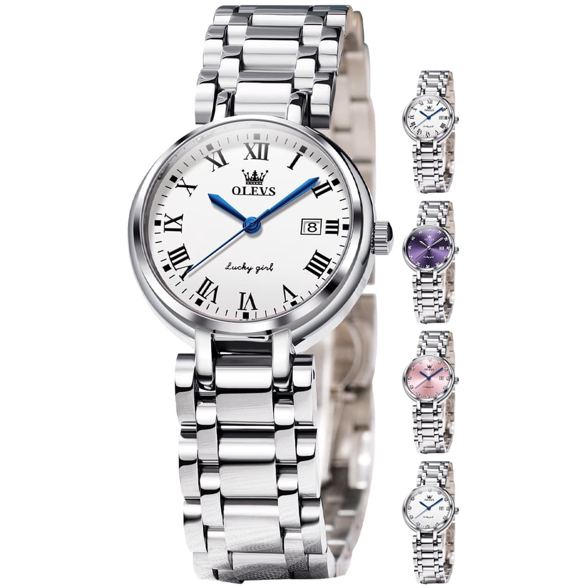 OLEVS Watches for Womens Analog Quartz Silver Strap Fashions Classic Dress Stainless Steel Date Waterproof Casual Ladies Watches Gift Womens Wrist Watches Reloj Para Mujer White/Pink/Purple