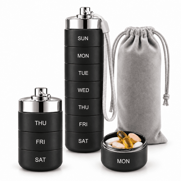 Metal Weekly Pill Organizer, Large 7-Day Stackable Waterproof Travel Pill Box with Velvet Pouch for Vitamins, Fish Oil and Supplements, Black
