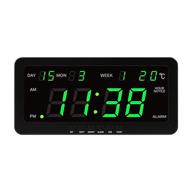 Pantalla de temperatura de reloj de pared digital Pantalla multifuncional, profesional de calendario, reloj LED de escritorio de despertador de alarma Verde