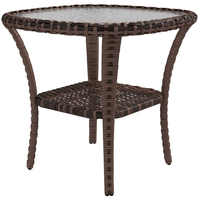Outdoor Coffee Table with Water-Ripple Glass Top and Storage Shelf, Hand-Woven PE Rattan Side Table with Steel Frame, 19.7" x 19.7" x 21.7", Mixed Brown for Patio and Garden