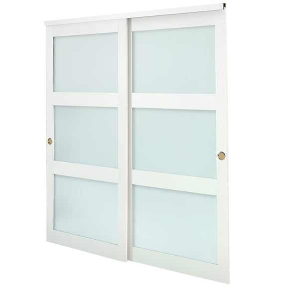 KFFKFF Sliding Closet Door, 72" (Double 37") x 80", 3-Lite Frosted Glass Bypass Sliding Doors with Hardware Kit & Floor Guide, Solid Wood & MDF Slab with Water-Proof PVC Surface for Closets Bedrooms