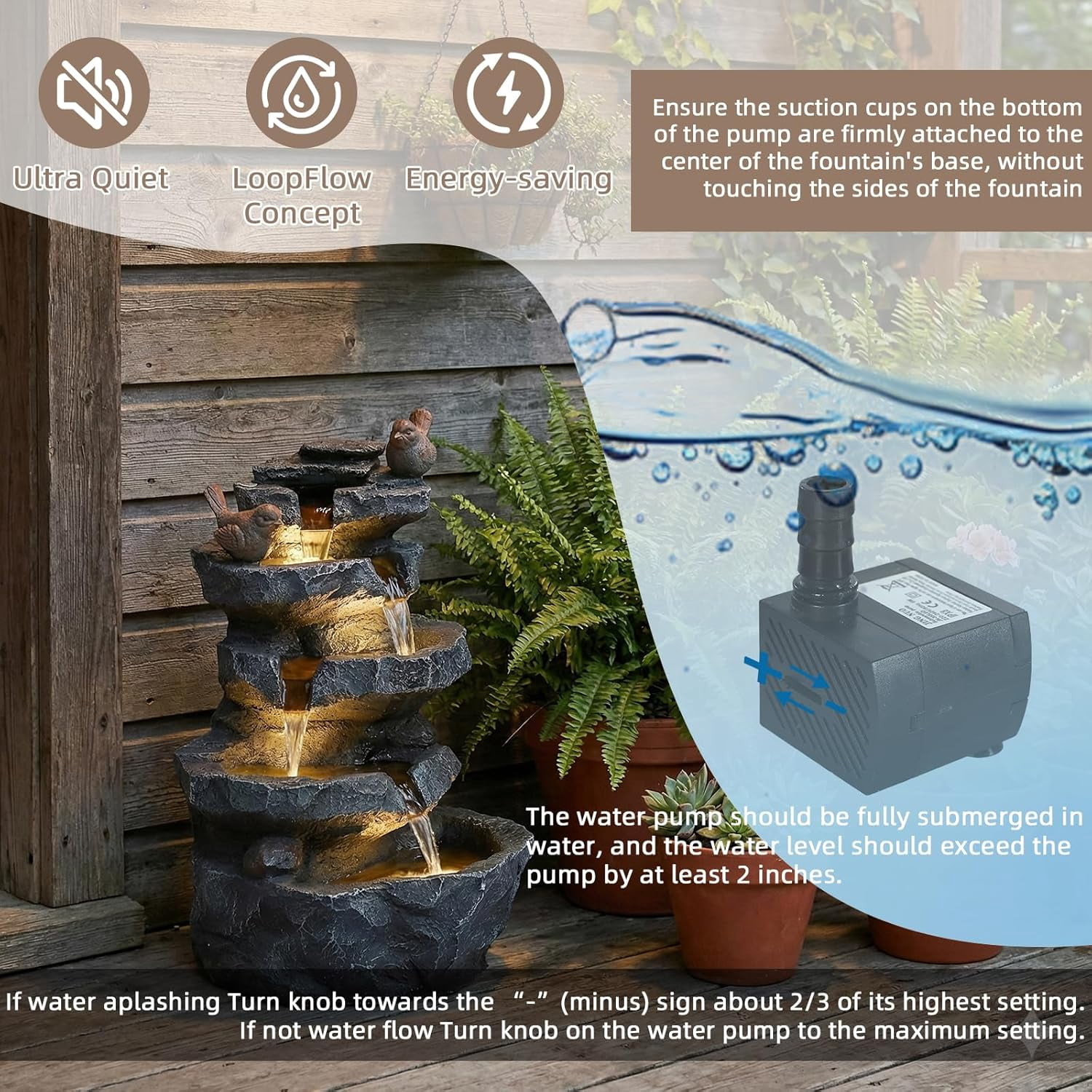 EPICOZY 22.3" Tall Outdoor Rock Waterfall Fountain, 5-Tier Cascading Garden Water Feature with Bird Decor & LED Lights, Natural Stone Resin Fountain with Filter Cotton for Patio, Yard, Porch & Indoor