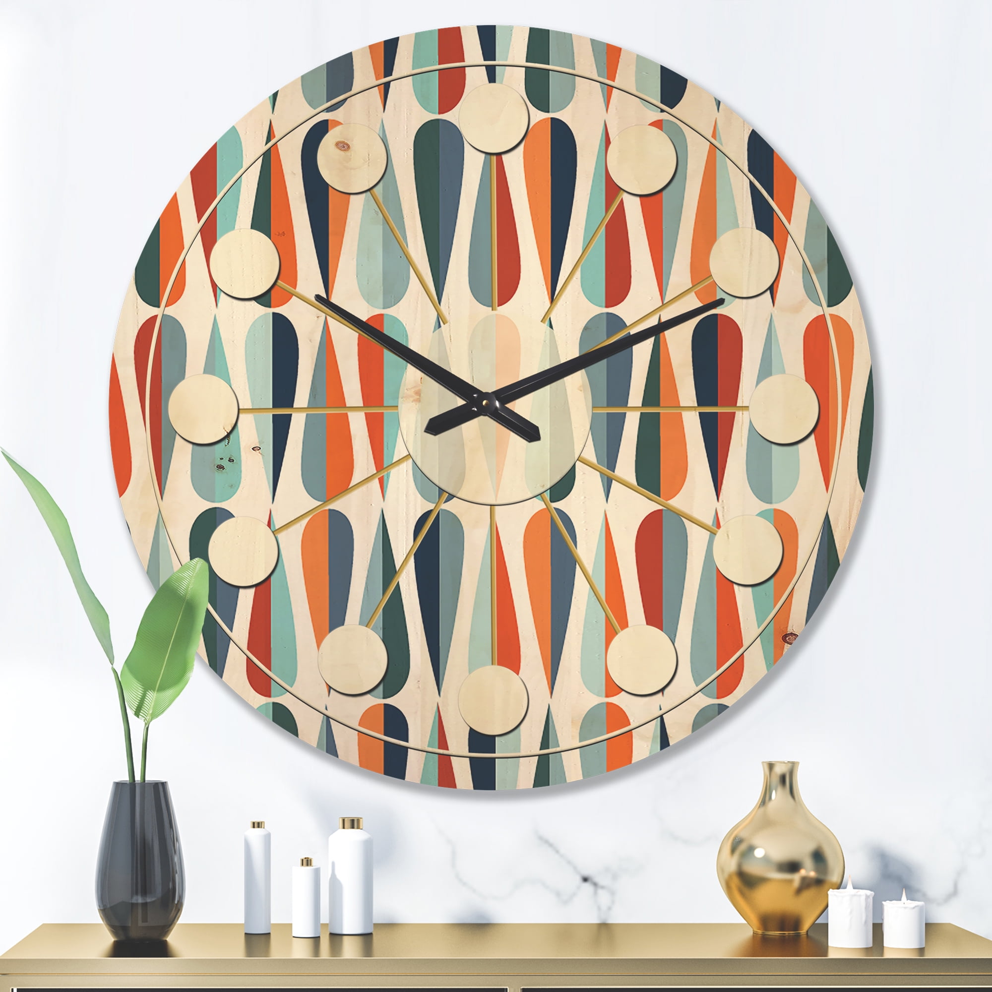 Designart 'Abstract Retro Drops V' Mid-Century Modern Wood Wall Clock