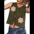 thumbnail image 3 of Chaleco de Suéter para Mujer, Sin Mangas, Bordado, Cuello en V, Abierto Al Frente, con Lazo, Corte de Crochet, Informal, Y2K. Verde M, 3 of 9