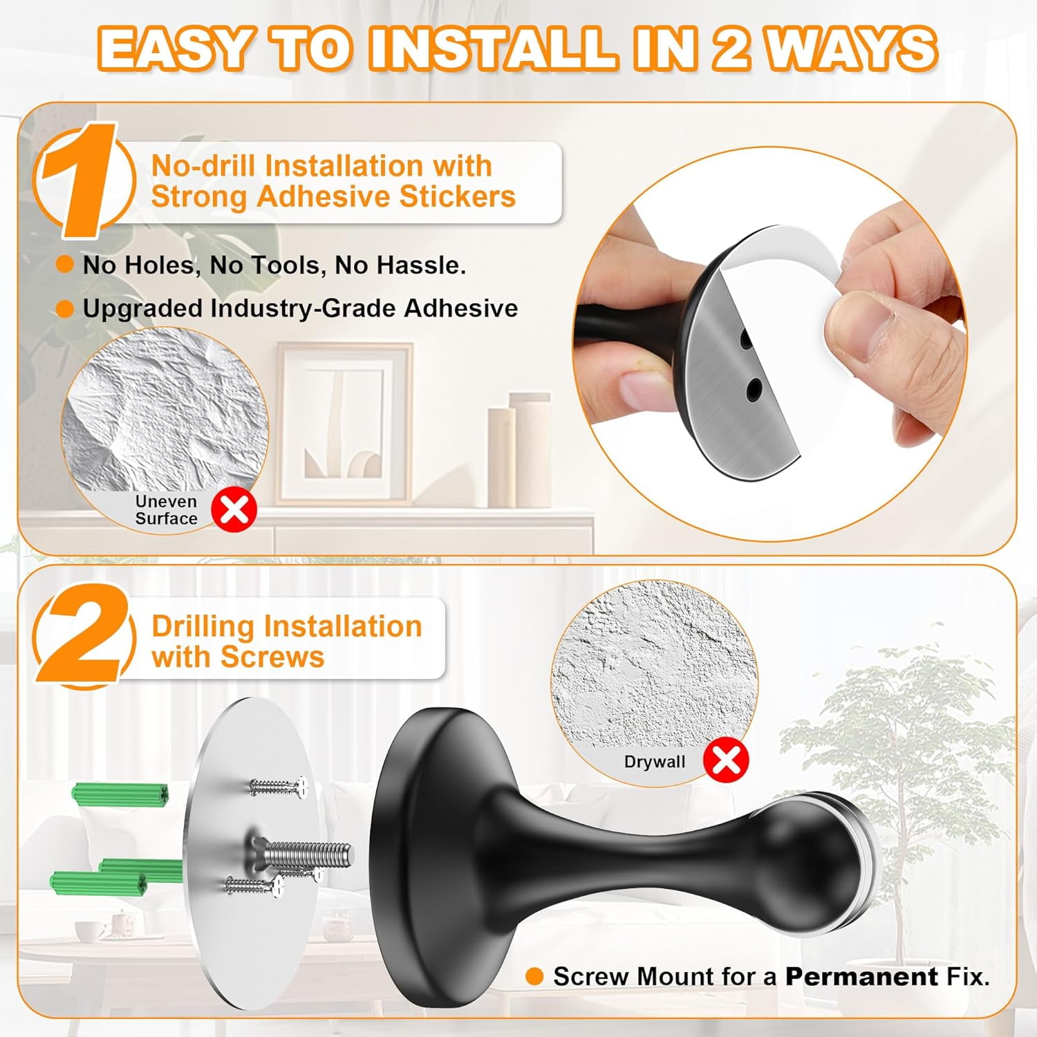 JJEAN-Magnetic Door Stoppers 2 Pack, Stainless Steel Door Stops, Wall-Mounted and Floor Mounting Metal Doorstops, Door Holder Keep Door Open, No Drilling Door Stop with Adhesive Tapes, Black
