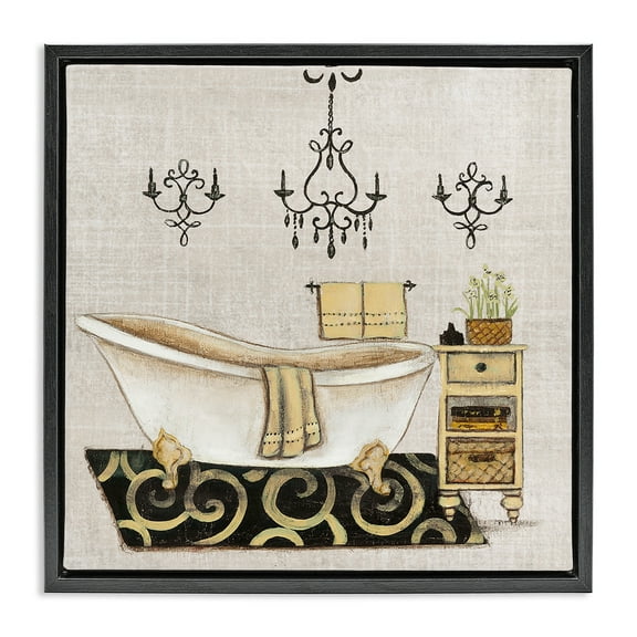 Stupell Industries Vintage Luxurious Bathroom Tub Cottage Painting Black Floater Framed Canvas Art Print Wall Art, 18 x 18