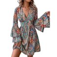 thumbnail image 2 of Vestido Corto Bohemio con Cuello en V, Mangas Acampanadas, Cintura Elástica y Cordón Ajustable para Mujer de Colores S, 2 of 9