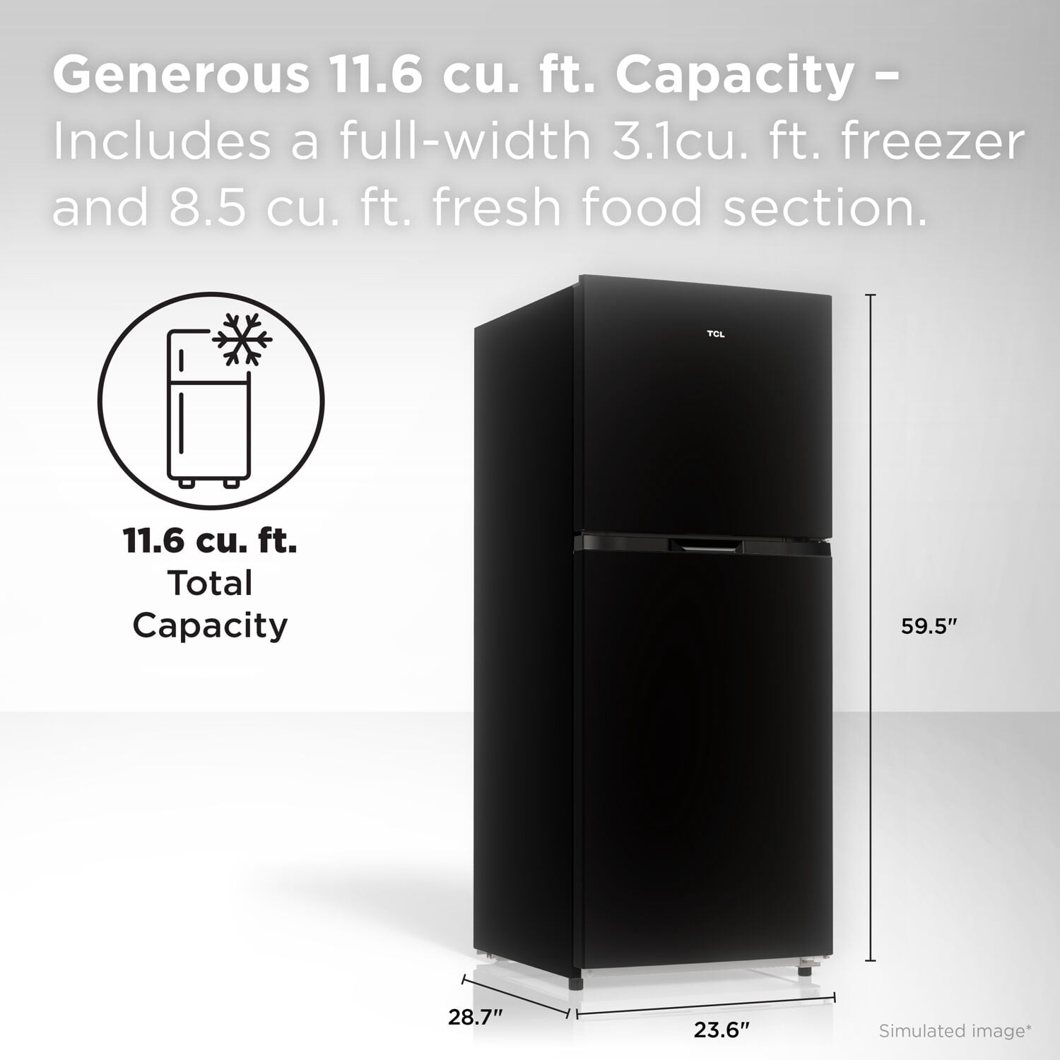 TCL Black Two-Door Counter-Depth Refrigerator with Freezer for Home, Kitchen & Garage, 11.6 Cu. Ft.
