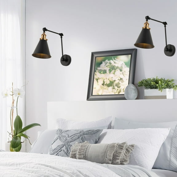 JONATHAN Y Rover 7" Classic Industrial Metal Adjustable Arm LED Wall Sconce, Black/Brass Gold (Set of 2)