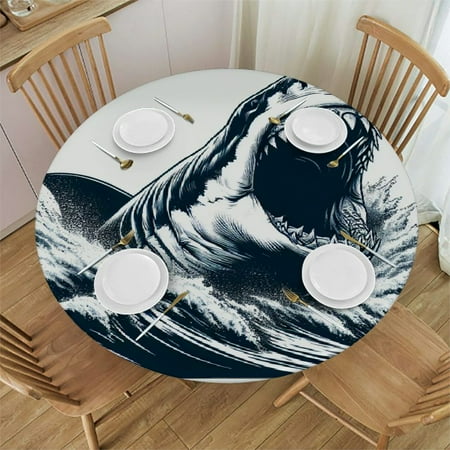 PIKWEEK Shark Round Fitted Tablecloth Elastic Edge Waterproof Oil-Proof Table Cover Stain-Resistant Table Cloth Fits Round Tables