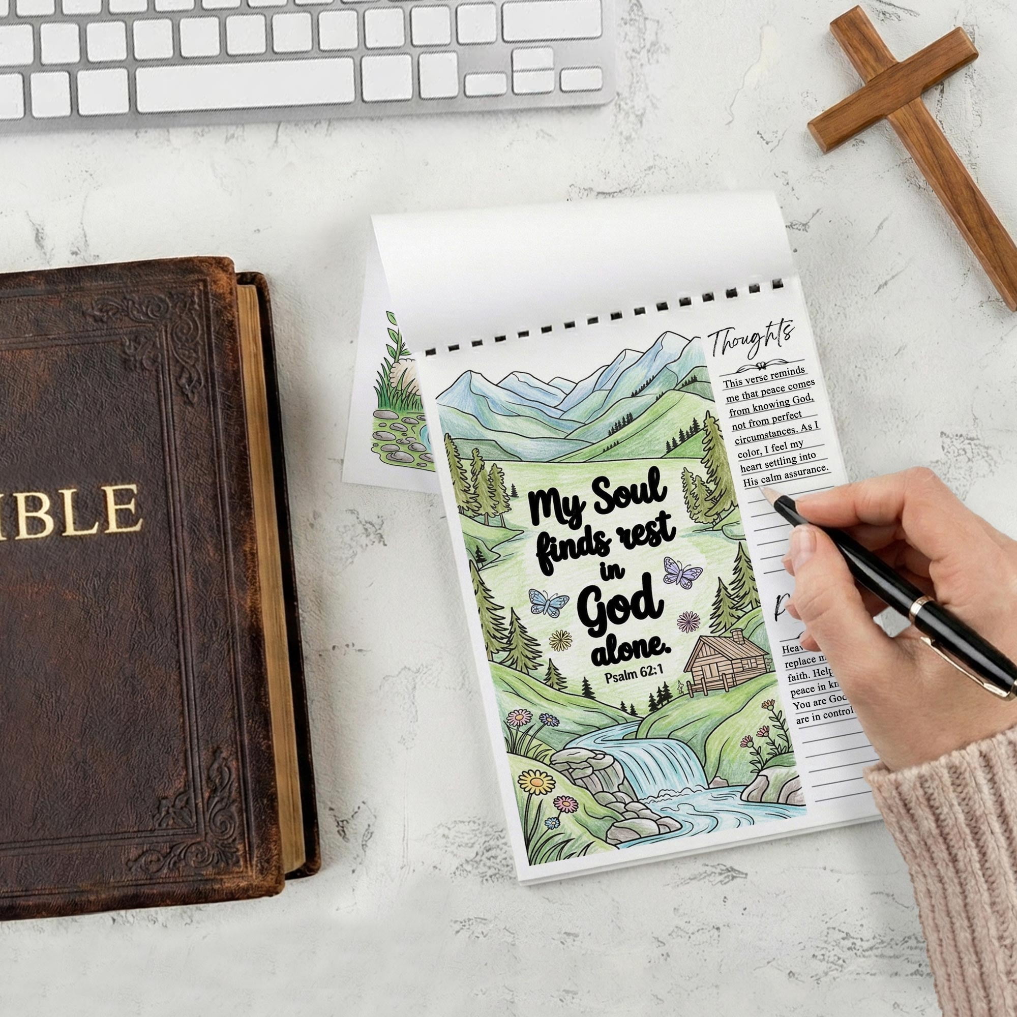 Psalms Coloring Book for Adults, 30 Minimalist Scripture Art Pages with Reflection & Prayer Space, Spiral Bound, A4 or A5 Softcover or Wood Cover