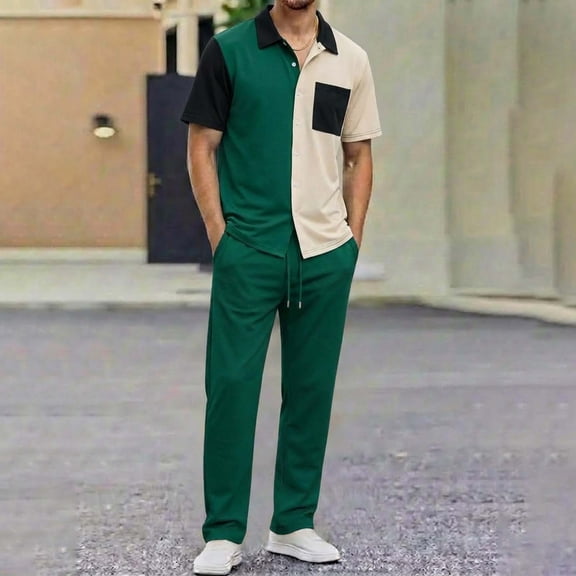 MHOSTAFH Men 2 Piece Summer Sets Short Sleeve Button Down Shirt and Long Pant Set Spring Casual Tracksuit for Men