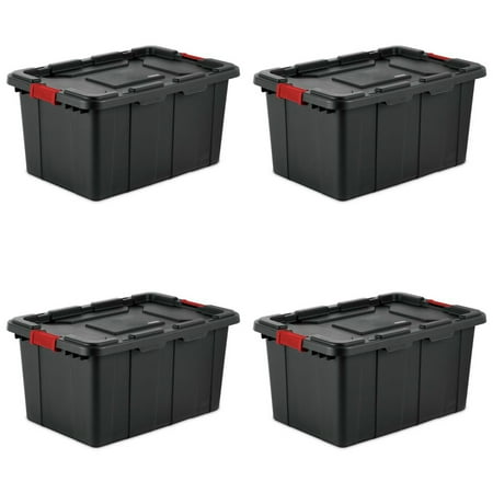 Sterilite 4-Pack Industrial Tote, Plastic Storage Bins with Lids, 27 Gallon, Black - Heavy-Duty Organizing Containers for Closet, Bathroom, and Office