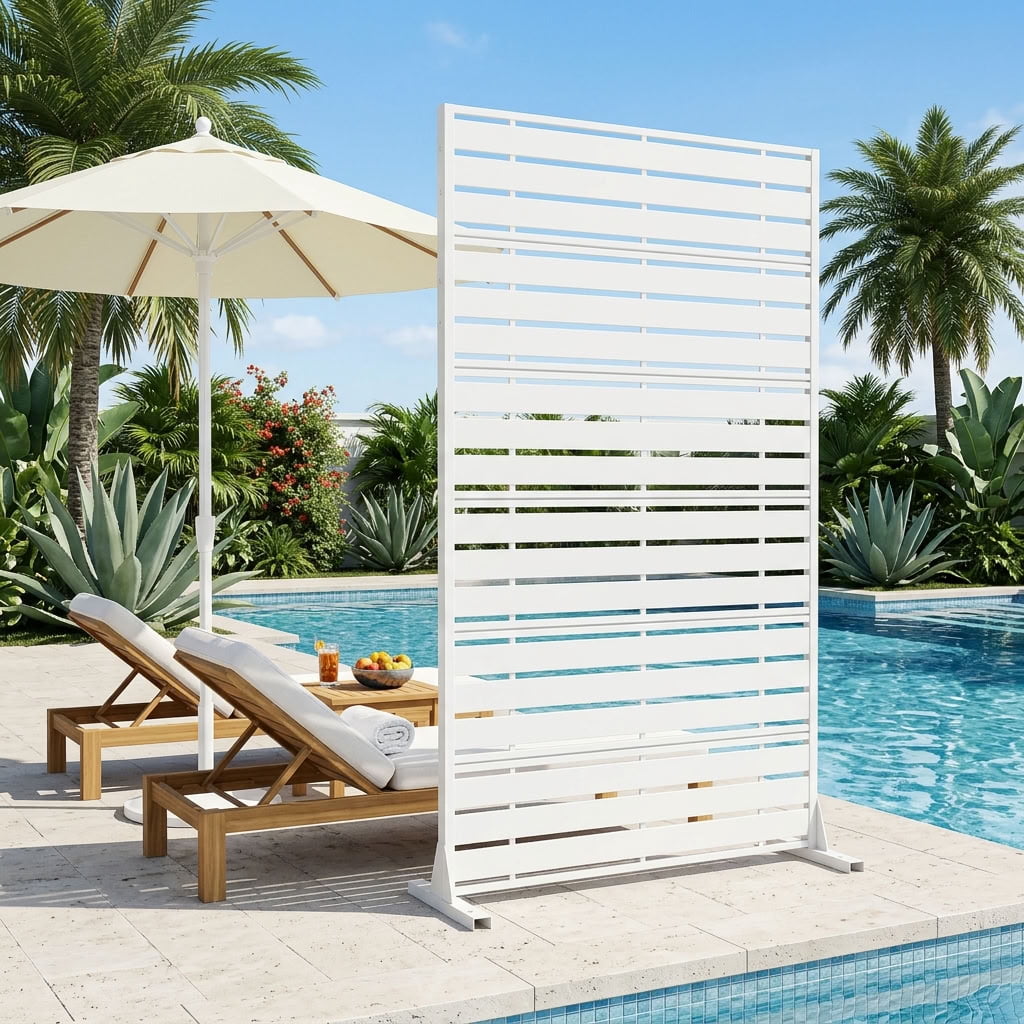 MAYEERTY 72" x 47" Outdoor Metal Privacy Screen, 6-Panel Decorative Screen for Patio, Balcony & Garden, White