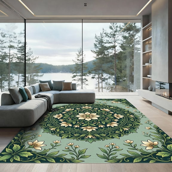ODIKA 4'x6' Machine Washable Non-Slip Area Rug, Art Nouveau Sage Green High Traffic Rug, Green, 1006050