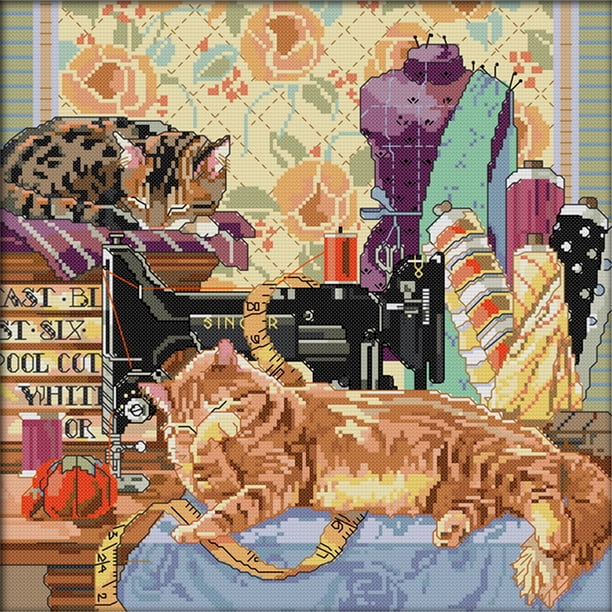 (D652) Hilo Algodón Ecológico Bordado 14CT 2 Hebras Impresión 38*38cm Gato Y Máquina Coser Kit Serie Punto Cruz (borde Gancho)