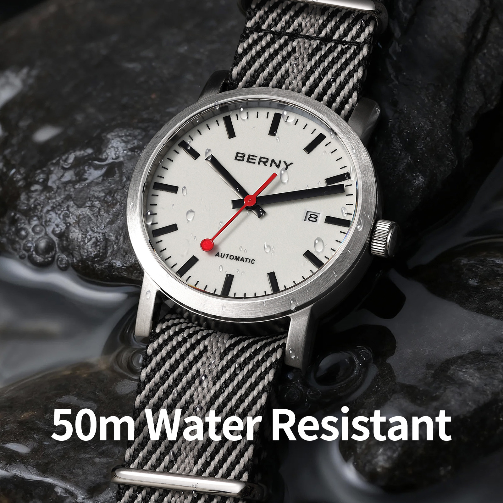 BERNY Automatic Watches for Men, Luxury Self Winding Mechanical Dress Watch with Date, Nylon Strap, Sapphire Crystal, Luminous, Stainless Steel, 50M Waterproof, Minimalist Mens Watches (White)