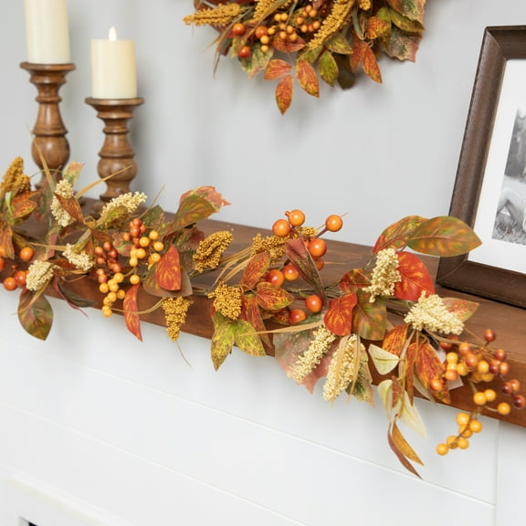 Autumn Leaves and Berries Artificial Fall Harvest Garland - 5' x 8"