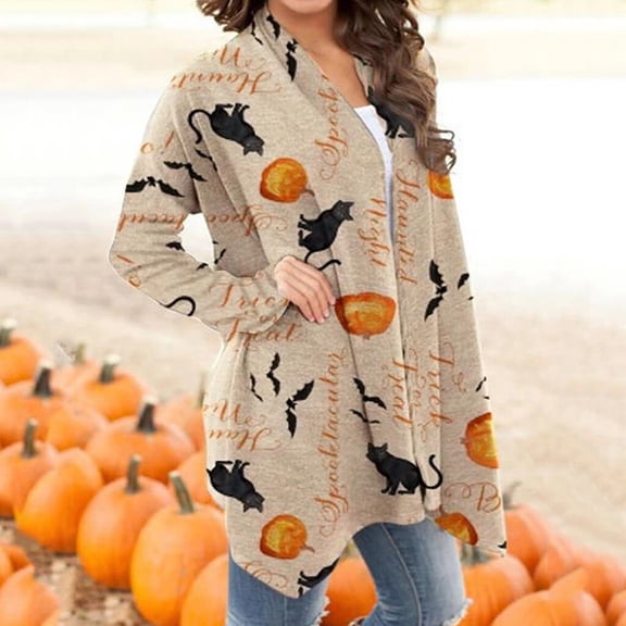 Cardigan Sweaters for Women Women'S Animal Cat Pumpkin Print Cardigan Coat Casual Blouse for Women Polyester Beige M